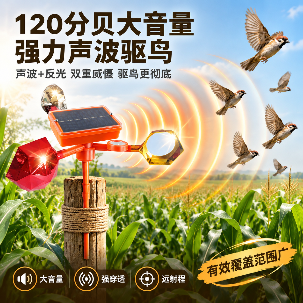 [主图-3] 声波驱鸟与大音量卖点图，主题为120分贝大音量强… - 图片创意预览