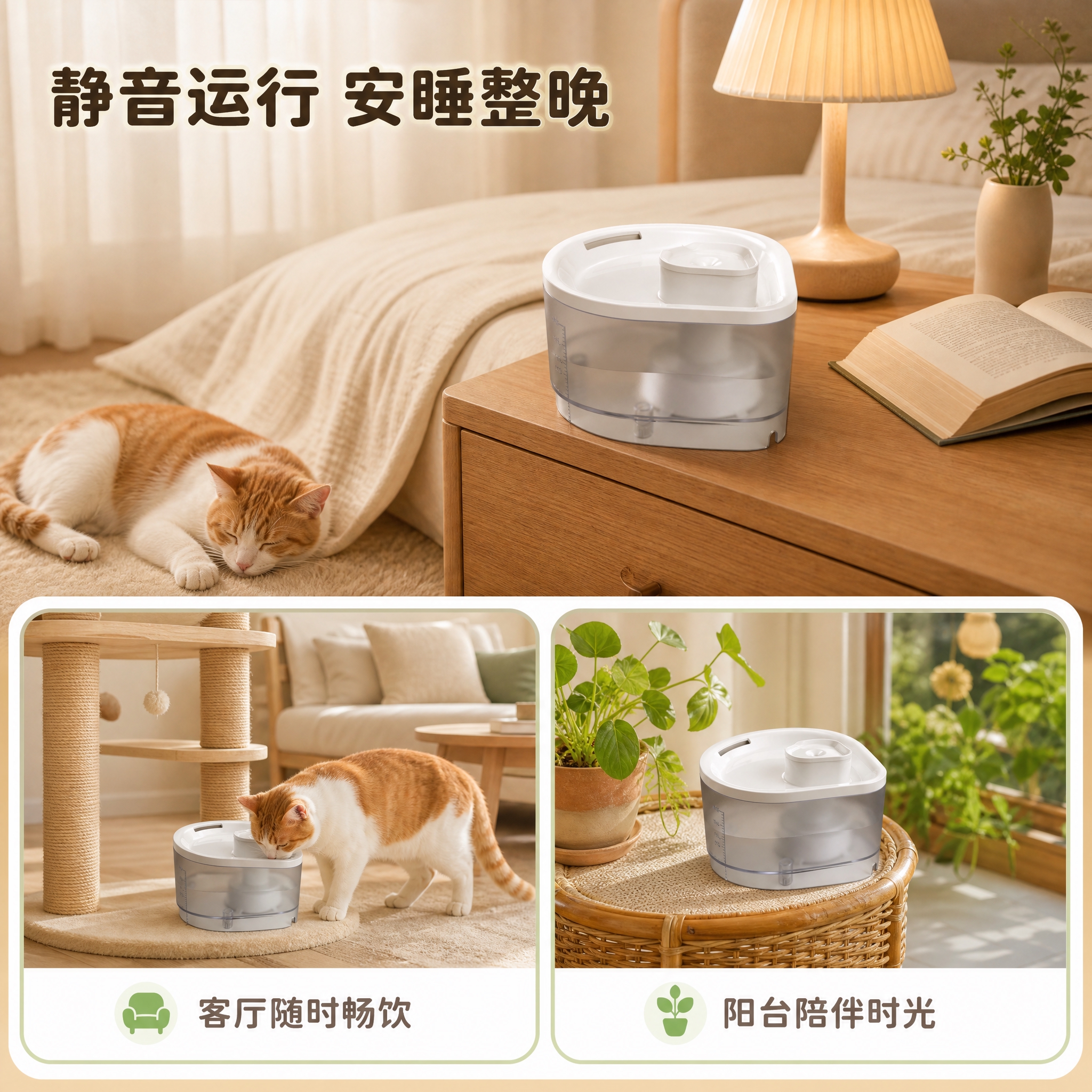 [主图-4] 场景使用图，核心任务是展示喂水器在家庭不同场景中… - 图片创意预览