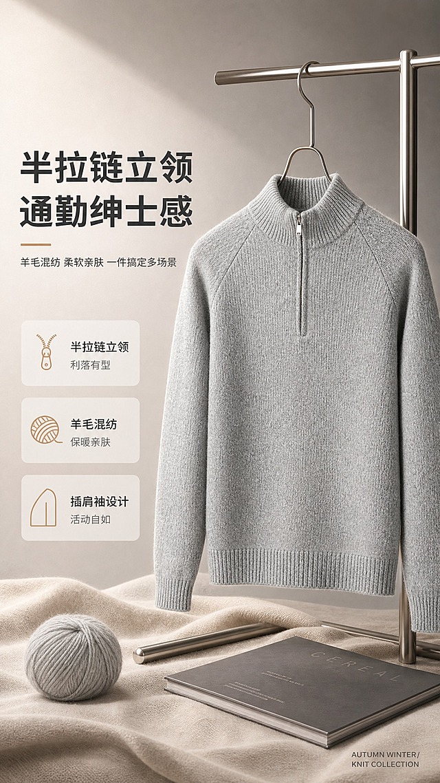 [商品] 使用【图1】浅花灰色男士半拉链立领针织羊毛衫；商品处理：保留半拉链立领、插肩袖、罗纹袖口下摆、花灰针织纹理、金属拉链头、整体版型与浅花灰色；自然去除衣身杂乱褶皱与压痕，理顺垂坠，增强针织肌理、缝线、拉链五金和罗纹质感，不改变版型、颜色和结构。
[画面] 目标：高级通勤风格头图海报，建立第一视觉印象。构图：左文右图，产品位于画面右侧视觉中心，占画面约55%，自然悬挂于简约金属衣架，下方承托浅米色针织布料与一本深灰杂志。左侧留白放标题与卖点。前景点缀浅灰羊毛线团与金属衣架底座，中景为产品主体，后景为暖灰色渐变影棚背景，有柔和侧逆光勾勒轮廓。阅读动线从左上标题到右侧产品。
[视觉] 套系策略：风格=高级轻商务通勤商业摄影；标题字=现代无衬线粗体（思源黑体Heavy）；正文字=简洁无衬线体（思源黑体Regular）；主色=浅花灰；背景延展=基于浅花灰做深浅层级、同色渐变和细腻织物/哑光纸张质感；强调色=暖驼色，仅用于小面积图标、引线和标签；标题色=深炭灰；正文色=中暖灰；组件=圆角浅底信息卡、细线引线、极简英文装饰；光影=左前侧45度暖柔光，右侧柔和补光，底部自然投影。
[文字] 左上主标题「半拉链立领 通勤绅士感」（8字），副标题「羊毛混纺 柔软亲肤 一件搞定多场景」，下方3个短卖点：「半拉链立领｜利落有型」「羊毛混纺｜保暖亲肤」「插肩袖设计｜活动自如」。文字均为横排，层级清晰，不遮挡产品主体、拉链和领口。右下角小号英文装饰「AUTUMN WINTER / KNIT COLLECTION」。
[规格] 图片比例9:16竖版，2K分辨率，避免变形、错字、文字过小、冷蓝/蓝灰背景、衣服颜色改变、版型失真、绝对化用语、平台Logo水印。
