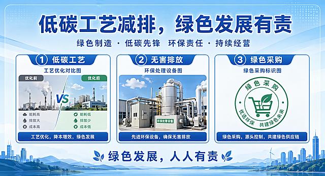 蓝色调简约商务宣传喷绘海报，整体写实商业设计风格，版式精美，主标题"低碳工艺减排，绿色发展有责"，副标题"绿色制造 · 低碳先锋 环保责任 · 持续经营"，分三个信息区：一、"低碳工艺" 配图工艺优化对比图；二、"无害排放" 配图环保处理设备图；三、"绿色采购" 配图绿色采购标识图，底部放置文案"绿色发展，人人有责"，整体蓝色调渐变背景，干净简洁，层次分明，信息分区清晰，文字全部清晰可读，四边留足安全边距