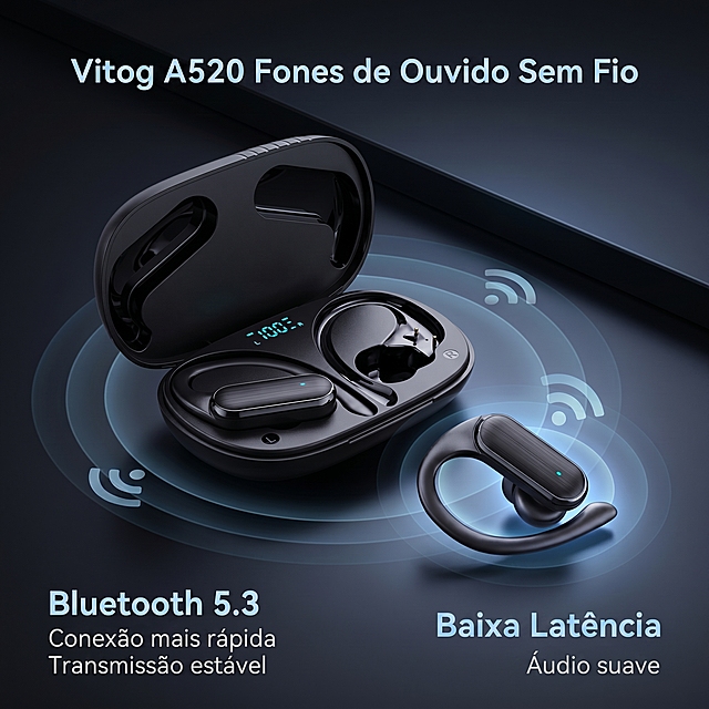 Diagrama de destaque do recurso de conexão Bluetooth 5.3 para fones de ouvido sem fio Vitog A520. Todo o fone de ouvido é colocado no centro da imagem contra um fundo de tecnologia escuro minimalista. Manter a mesma aparência do produto (estrutura física, textura do material, cor) da imagem de entrada, absolutamente consistente. Proporção do produto 65%, layout razoável, tela cheia sem borda.
[Estilo de Atmosfera] Estilo minimalista de tecnologia, sensação de atmosfera futura.
[Qualidade da Imagem] Textura de fotografia comercial, luz suave e transparente, produto claro e real, imagem limpa e avançada.
[Elementos] Produto no centro, ao redor com efeito sutil de ícone de sinal de conexão azul. Mostrar os fones de ouvido e a caixa de carregamento juntos, um fone de ouvido em estado de uso para mostrar conforto. Manter a imagem limpa, sem bagunça extra.
[Iluminação] Luz principal da esquerda frontal, luz suave destacando a textura do material, luz auxiliar direita para aumentar a camada, fundo com luz ambiente azul baixa para destacar o ícone de sinal.
[Combinação de Cores] Cor principal preto fosco do produto, cor secundária brilho azul de tecnologia, estilo high-end de saturação baixa geral.
[Composição em Perspectiva] Perspectiva ligeiramente elevada, produto no centro, camadas frontais e traseiras.
[Layout de Texto] Título principal no centro superior "Vitog A520
Fones de Ouvido Sem Fio", ponto de recurso no canto inferior esquerdo "Bluetooth 5.3
Conexão mais rápida
Transmissão estável", canto inferior direito "Baixa Latência
Áudio suave". Texto em português, fonte sans-serif simples, cor do texto clara e contrasta claramente com o fundo, todo texto no espaço negativo não cobre o corpo principal do produto.
[Resolução Proporcional] Proporção 1:1, resolução 2k, texto claro e distinguível, ultra HD.
[Prompt Negativo] Deformação, marca d'água, desordem de texto, imagem do produto embaçada, fundo bagunçado, caracteres chineses