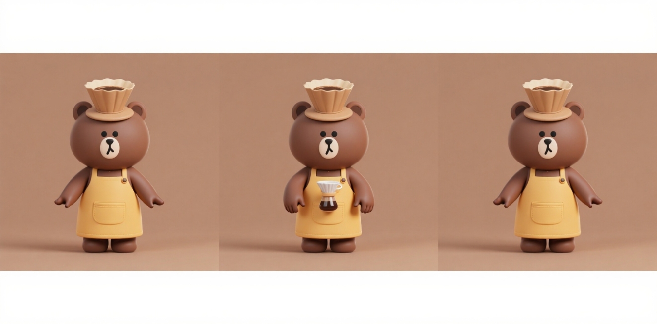 设计一个熊熊咖啡的IP形象，他们是做精品手冲的，强调手作和社区温暖。用暖色调、大地色系。性格要温和、文艺、佛系、热爱生活。整体要传递出温暖、放松、像老朋友陪伴的那种氛围。预览效果