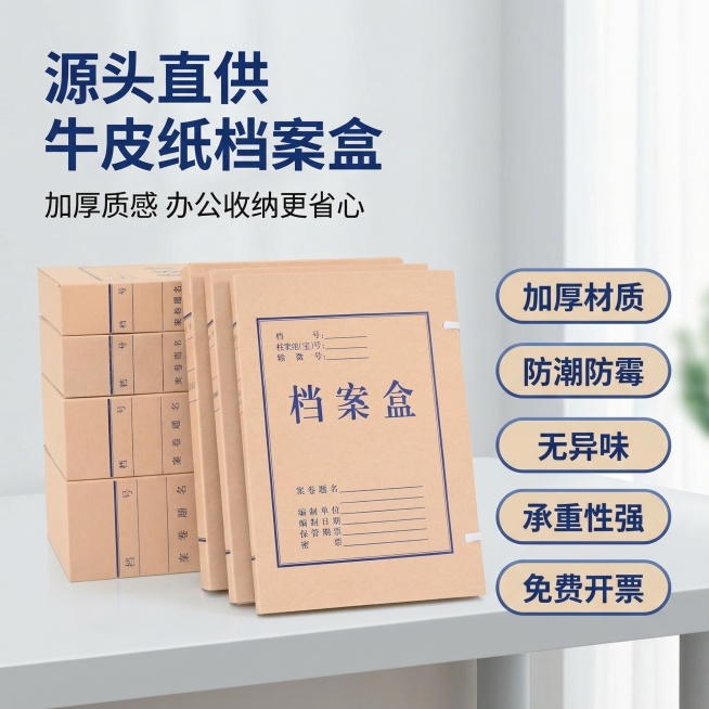 生成牛皮纸档案盒电商主图首图，产品为多张牛皮纸档案盒整齐摆放，保留产品原有外观，产品为主体占比画面约60%，简约浅灰色办公桌面背景，明亮干净自然光，风格简约商务，左上角文字主标题"源头直供 牛皮纸档案预览效果