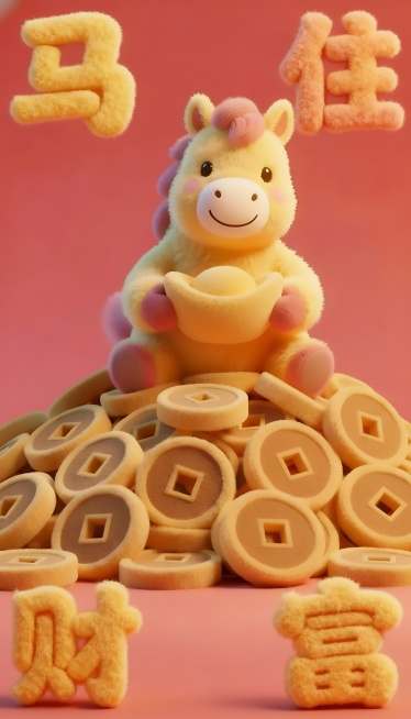 3D卡通风格的坐姿福马，身体呈现毛绒绒的质感，双手环抱一个大金元宝于胸前，元宝表面有光泽，马的表情喜庆可爱，整体氛围温馨吉祥，画面下方有“马住财富”四个大字预览效果