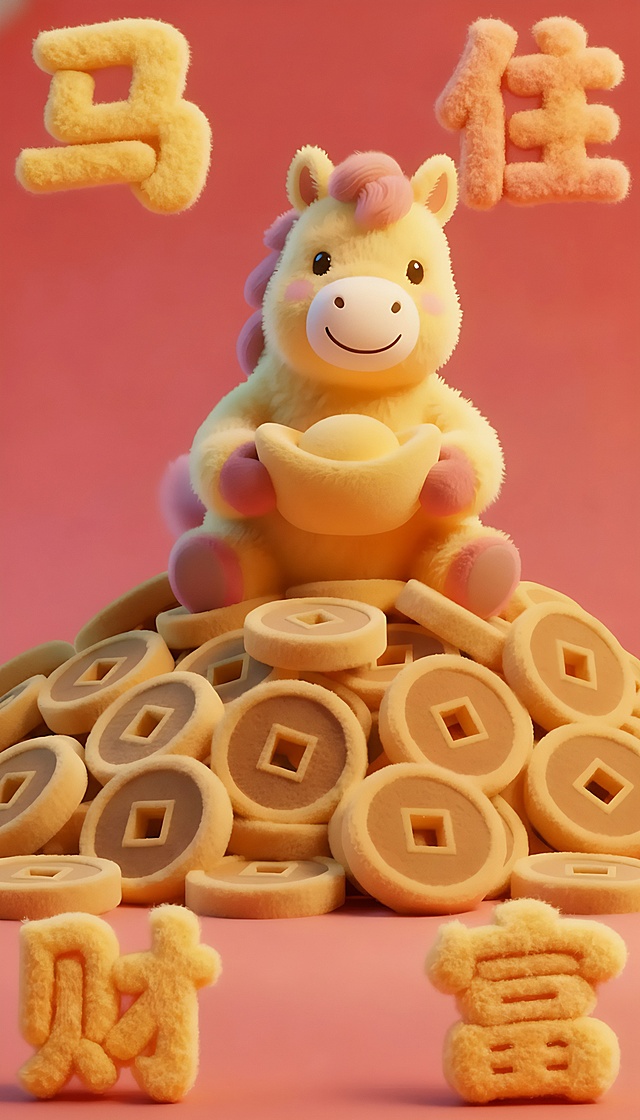 3D卡通风格的坐姿福马，身体呈现毛绒绒的质感，双手环抱一个大金元宝于胸前，元宝表面有光泽，马的表情喜庆可爱，整体氛围温馨吉祥，画面下方有“马住财富”四个大字