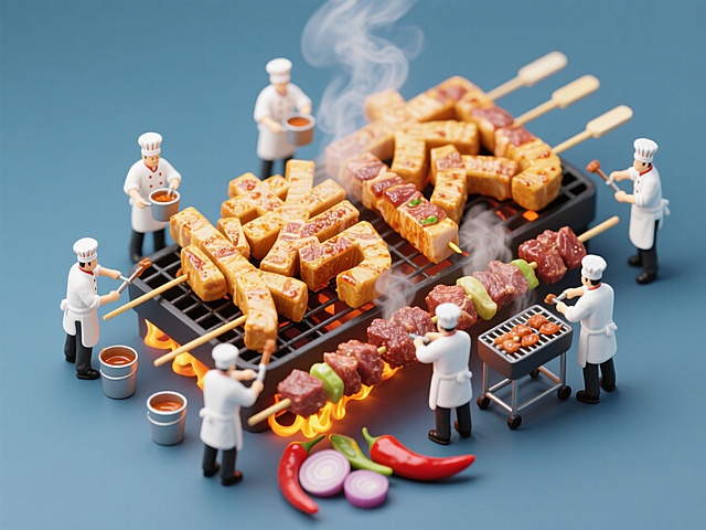 卡通感3D风微缩艺术，厨师团队协作烧烤，生动逼真，趣味十足。