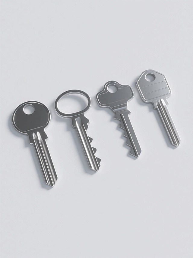 白色背景下，四把不同样式的金属钥匙整齐排列，采用3D渲染风格，展现出高度写实的金属质感，钥匙表面有细腻的光泽和反光效果，边缘锐利清晰，整体构图简洁对称，具有强烈的产品展示感和现代设计美学。