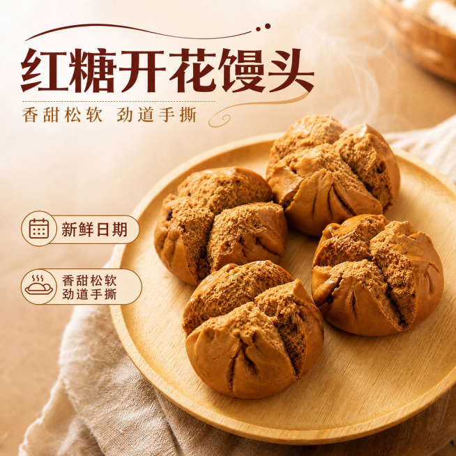删除图片左侧的“酒楼品质”文字框，保持原图片风格、背景和其他内容不变，其他文字和红糖开花馒头图片内容都保留预览效果