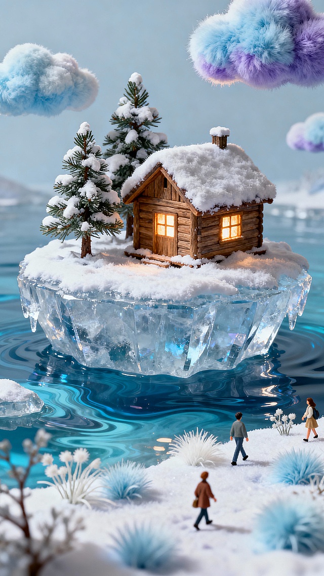 覆雪小木屋（暖光透窗）立于冰晶岛屿，旁植雪松，岛屿浮在蓝调水纹之上；空中飘着云朵造型装饰，地面有迷你人物漫步，整体是手绘+微缩模型质感，清冷色调中裹着温暖氛围，治愈系冬日童话风