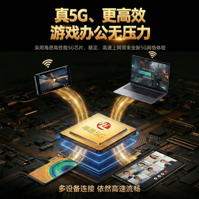 把【真5G，更高效，游戏办公无压力，采用海思高性能芯片，稳定、高速上网带来全新5G网络体验】其余图处于正中央预览效果