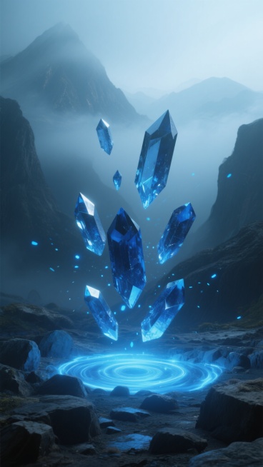 超现实风格场景，暗蓝色调与明亮光源形成强烈对比，地面布满不规则岩石，中央地面有发光蓝色能量漩涡，多块棱角分明的蓝色晶体从漩涡中悬浮升起，背景是被薄雾笼罩的朦胧山脉，整体画面营造出神秘而炫酷的科幻氛围，晶体表面有细腻的反光质感，能量漩涡周围有蓝色光点飞溅，光影层次丰富，空间感深邃。预览效果