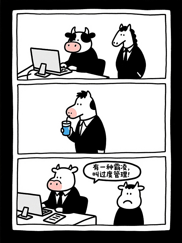 根据下面的剧本设计一组小牛与小马的日常行为学四格漫画。
画面一，小牛在电脑前认真工作，小马穿着西装，站在旁边严肃地盯着他。
画面二，小牛去接水喝，小马穿着西装严肃地跟着小牛。
画面三，小牛在汇报工作，小马还是穿着西装严肃地盯着小牛。
画面四，小牛不开心地说：有一种霸凌，叫过度管理！