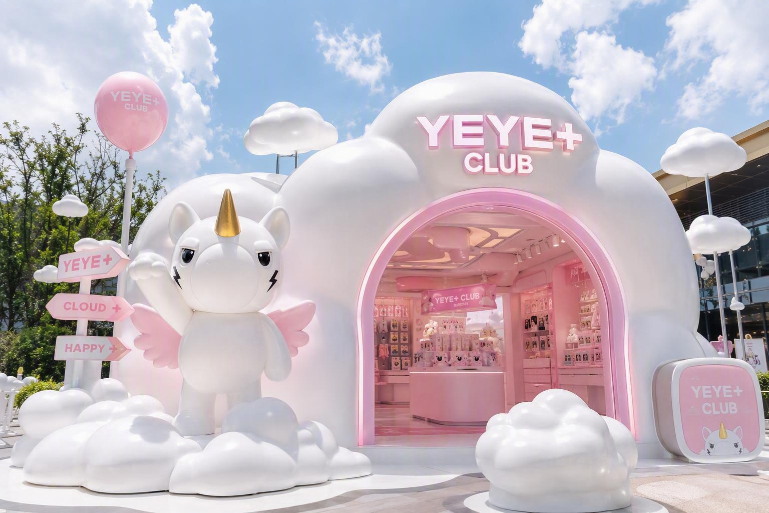 参考图中的YEYE+独角兽潮玩IP形象，设计一款小型户外快闪店… - 图片创意预览