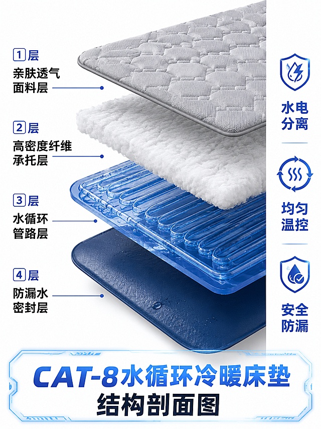 CAT-8智能温控床垫床套结构剖面图，从上到下分层拆解展示，共4层结构，每层都有清晰的标注文字和指引线。第①层：亲肤透气面料层，浅灰色柔软织物质感，标注文字清晰；第②层：高密度纤维承托层，白色蓬松纤维质感，标注清晰；第③层：水循环管路层，蓝色透明水管网络分布，水流可见，标注清晰；第④层：防漏水密封层，深蓝色防水膜质感，标注清晰。整体为立体剖面斜视图，层次分明。右侧侧边竖排标注三大核心优势：「水电分离」「均匀温控」「安全防漏」，配图标。底部有标题"CAT-8水循环冷暖床垫结构剖面图"。所有文字字体清晰锐利，字号大，高对比度，科技感蓝色调，白色背景，产品技术图解风格，专业工业设计质感，高清晰度