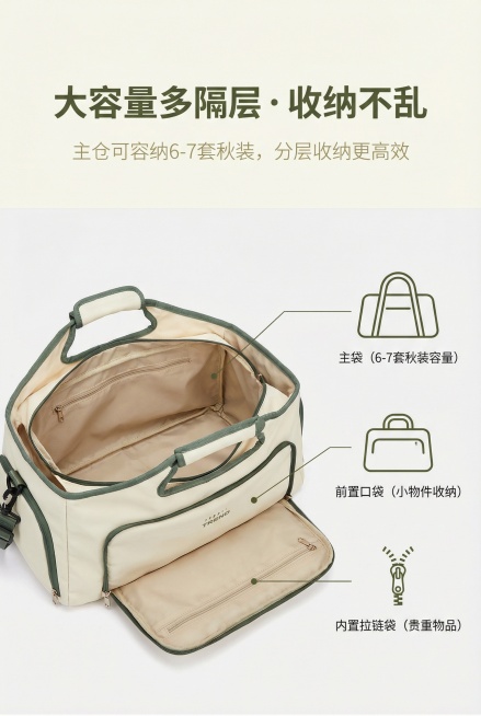 中文提示词：2:3竖版，电商详情图，简约清新风，低饱和度配色，上半部分为主标题区域（米白背景），主标题“大容量多隔层 · 收纳不乱”（加粗无衬线体，深橄榄绿），副标题“主仓可容纳6-7套秋装，分层收纳预览效果