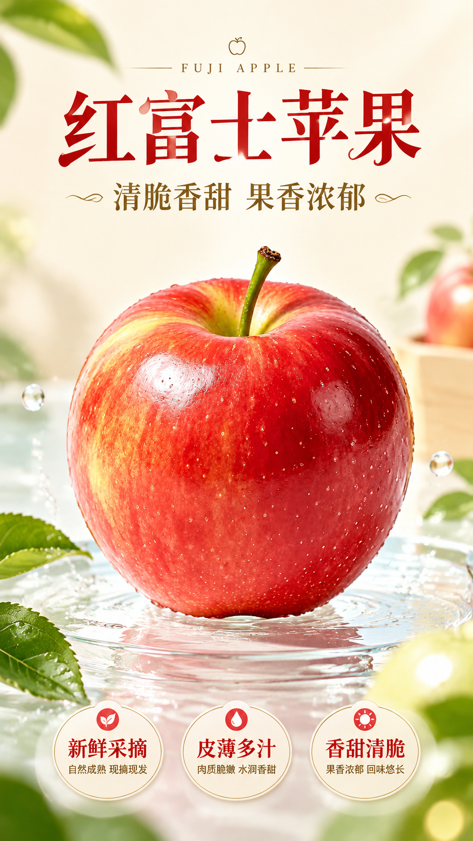 将上传的红苹果商品图制作为「红富士苹果」电商上架宣传海报，写实… - 图片创意预览