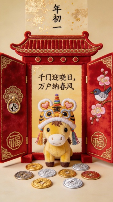 朱红丝绒烫金福纹红包，采用对开式仿古宫门设计。居中刺绣杏黄小马布偶作揖状，头戴双桃心刺绣虎头帽，帽顶缀七彩绣线流苏。左门扇刺绣椒图衔环纹样，环内嵌微型“春”字刺绣；右门扇刺绣喜鹊登梅浮绣，梅花瓣采用渐预览效果