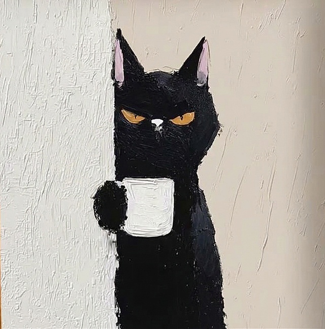保留图1的猫咪动作和整体构图：黑猫从墙面探出身体，一只爪子拿着白色杯子。将黑猫的外形和脸部替换成图2的猫咪样子，保留黑色猫咪和黄色眼睛，保持油画质感和墙面背景