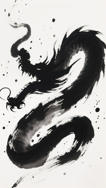 中国传统水墨风格，以流畅而富有动感的黑色墨色为主，在纯净的白色背景上挥洒出蜿蜒曲折、浓淡干湿变化丰富的墨迹，墨色从深黑到浅灰自然过渡，边缘带有晕染的飞白效果，点缀着大小不一的墨点和飞溅的墨痕，整体呈现出空灵、飘逸、富有力量感的古风意境，宛如灵动的龙形或山川走势，充满东方禅意与写意精神。预览效果