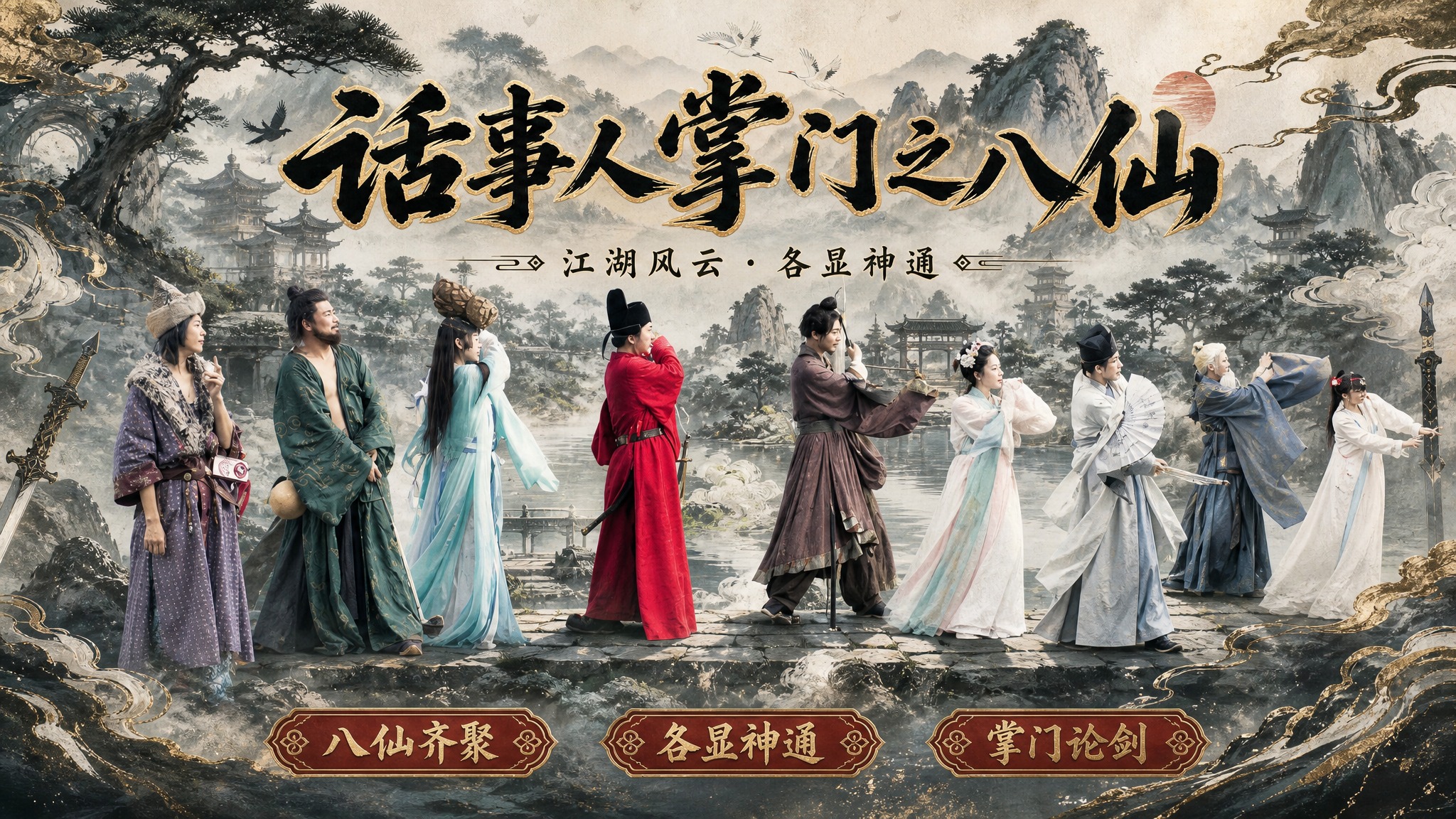 基于参考图中的八仙古装人物群像，制作一张国潮新中式风格的横版海… - 图片创意预览