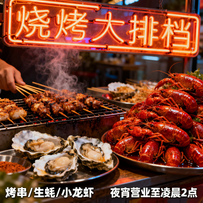 烧烤大排档灯箱广告画面，霓虹暖光氛围，热闹烟火气，展示烤串、生蚝、小龙虾等烧烤美食，街头大排档风格，醒目清晰，适合户外灯箱展示预览效果