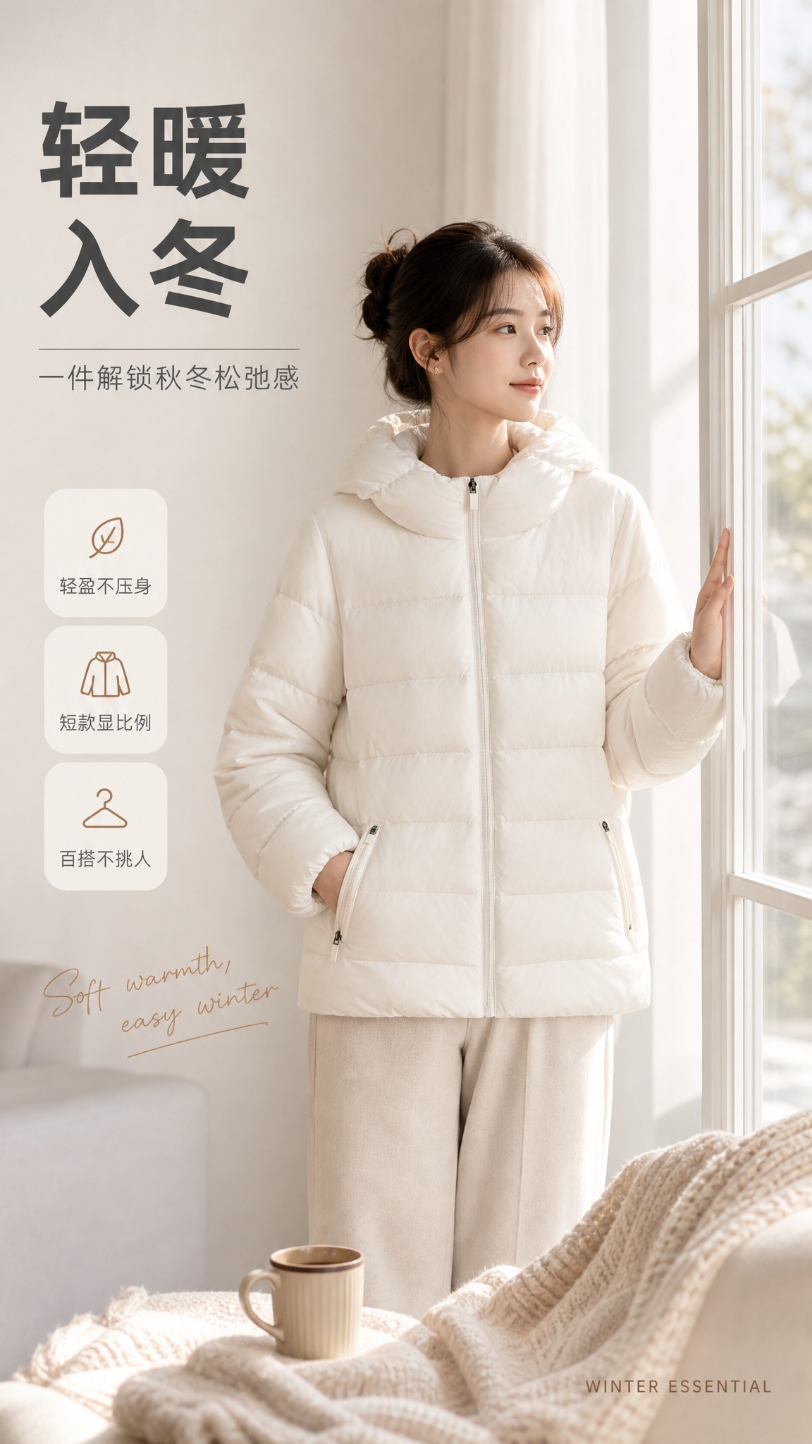 [商品] 使用【图1】奶白色连帽短款轻薄羽绒服；商品处理：保留… - 图片创意预览