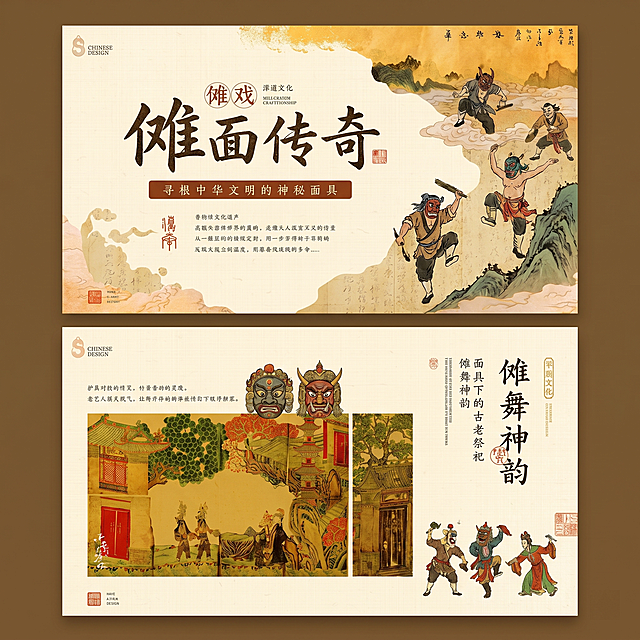 参考此图的国潮古风中式排版风格，生成非遗傩戏主题的文化海报，分为上下两个版面，保留水墨山水、宣纸纹理、古风插画元素，保留传统书法字体，配色为古风暖调，主题为非遗傩戏文化，文字内容和版式和原参考图结构一致，内容替换为傩戏主题