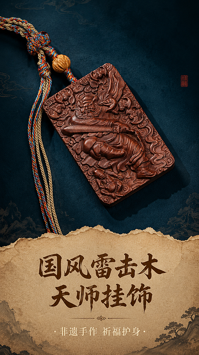 [第1屏] 详情页头图-雷击木天师令牌车载挂饰宣传海报。本屏使用【图4】作为商品主体展示。
[氛围/风格] 国风复古，文化质感，沉稳高级，商业摄影质感，符合中式文玩调性。
[元素布局] 雷击木挂饰置于画面中央偏上位置，占比约65%，木质纹理和立体浮雕清晰呈现；背景使用深青蓝色渐变，下方搭配米黄色做旧纸张纹理作为文案区；保留令牌造型、雕刻结构、木质颜色与输入产品图一致。
[光影质感] 左上侧柔光打亮产品，右下自然投影，突出木质纹理和雕刻的凹凸立体感，明暗层次清晰。
[配色色系] 全局底色 #16303b，主色深青蓝，辅助色米黄浅纹、深棕木质，整体沉稳国风。
[视角构图] 正面45°微俯视，产品为绝对视觉中心，阅读动线从上到下。
[文字版式] 版式为上方产品 + 下方文案。主标题「国风雷击木天师挂饰」，副标题「非遗手作 祈福护身」，主标题采用棕色书法字体，副标题为浅米小字，文字不遮挡产品主体。
[比例分辨率] 9:16 竖版比例，4K分辨率，文字清晰可辨，高清画质。
[负向提示词] 产品变形，缺件错件，颜色偏差，文字错乱，文字过小，背景杂乱，水印。