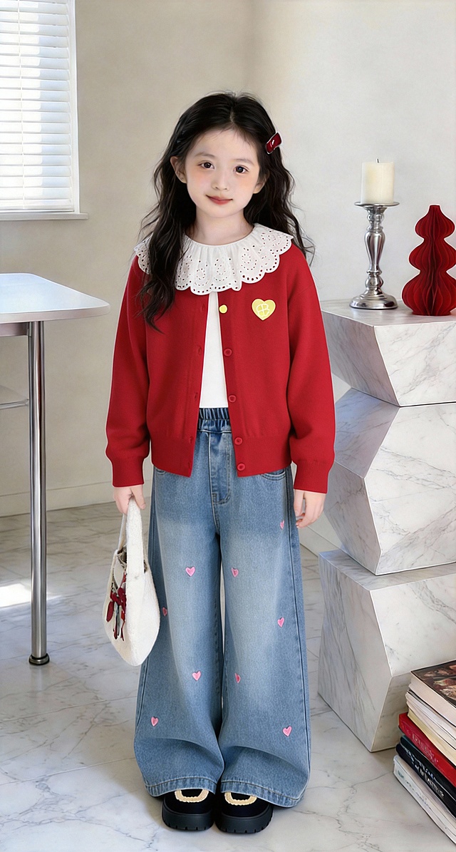 把图1的衣服和裤子给图的2的人物穿上，保留原场景光影，保持图2的人物的五官和发型不变，图片宽高尺寸不变，背景不变，鞋子不变，人物姿势不变，保持图1的衣服和裤子的款式和颜色不变