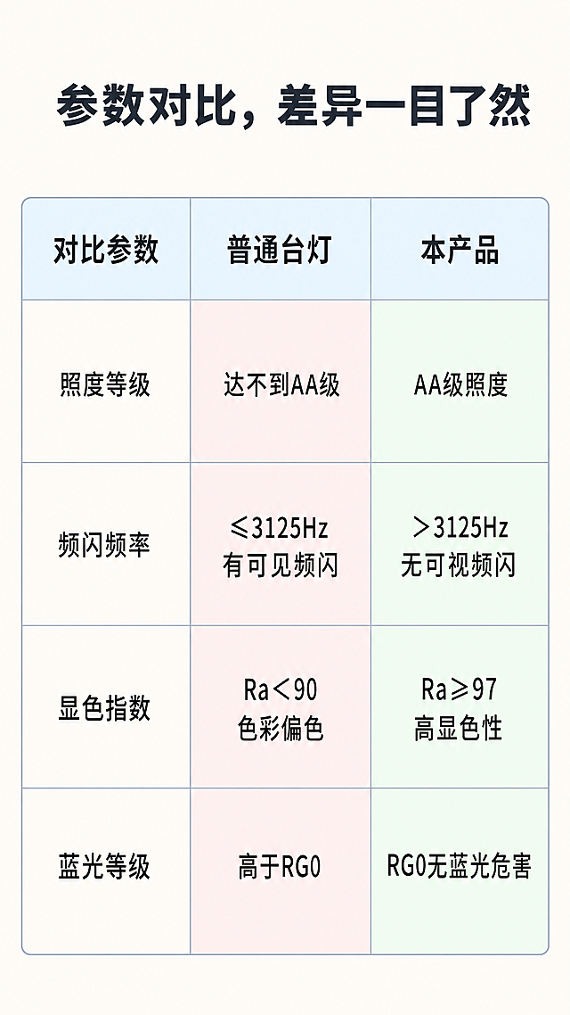 请为“全光谱护眼台灯”撰写详情页，核心卖点为“无蓝光危害、无可视频闪、高显指”。目标人群是担心孩子视力的家长。

硬性要求：

1. 禁用词：不得出现“防近视”“缓解眼疲劳”“护眼灯”（因法规禁用），改用“AA级照度”“高显色性”“低蓝光特性”
2. 必须包含数据：显色指数Ra≥97、RG0无蓝光危害等级、无可视频闪（频率＞3125Hz）、照度均匀度≤3
3. 证据呈现：用“权威检测报告+实拍对比图”替代纯文字宣传

内容结构：

1. 标题：数字+痛点（例：显色指数Ra97，为何绘本颜色失真可以终结了）
2. 场景：孩子写作业揉眼睛、书本反光刺眼
3. 原理图解文字说明：LED芯片结构如何过滤有害蓝光
4. 对比表格：普通台灯 vs 本产品（照度/频闪/显色/蓝光等级四行）