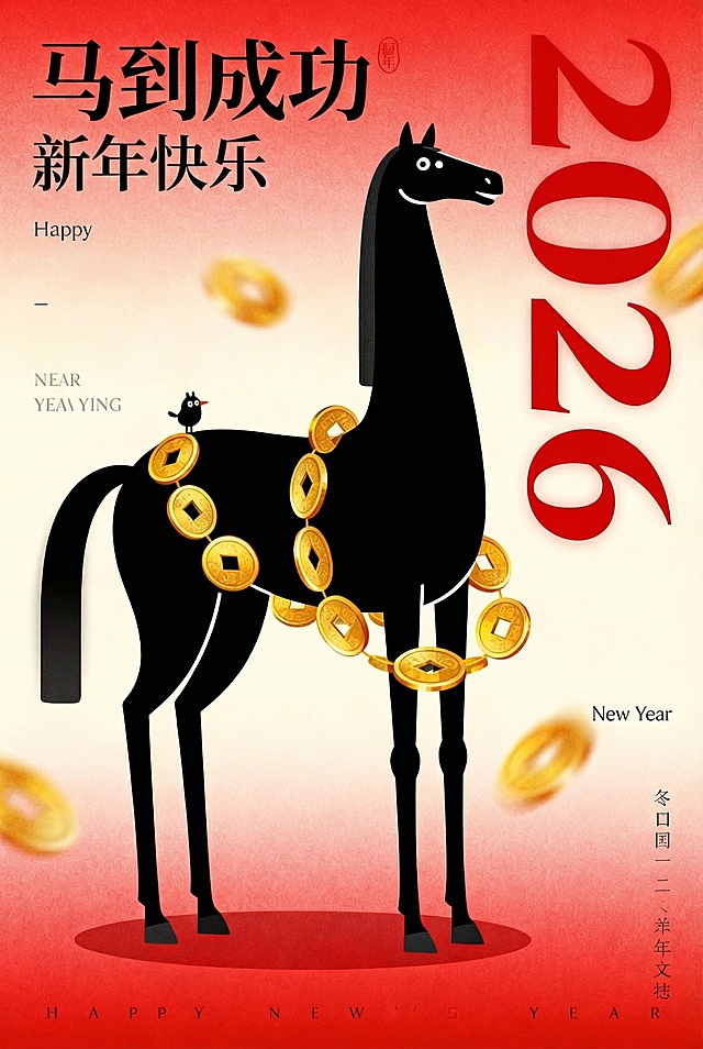 国潮风插画，拟人化黑马佩戴鎏金铜钱，卡通感十足，喜庆红金配色，寓意马到成功，2026新年贺岁。