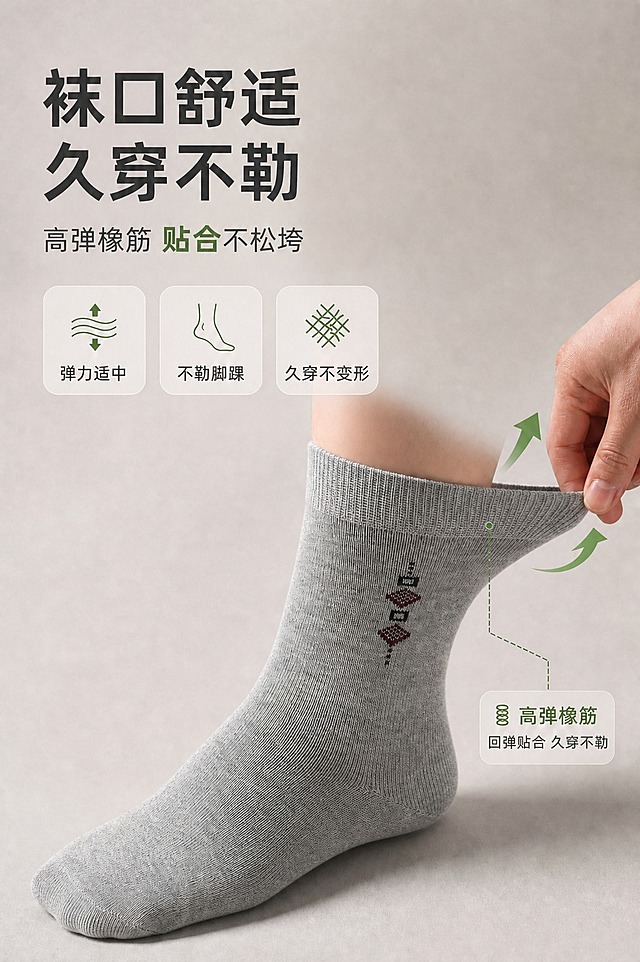 将图中脚上的袜子替换为图二的袜子，保留图二袜子真实的针织纹路、质感和菱形图案，不要过多修饰，保持自然真实。对露出的脚踝和手部皮肤进行自然磨皮处理，保留皮肤真实质感。整体画面构图、背景、文字元素、手的动作和位置保持不变，光线和阴影自然协调，产品摄影风格，高清细腻