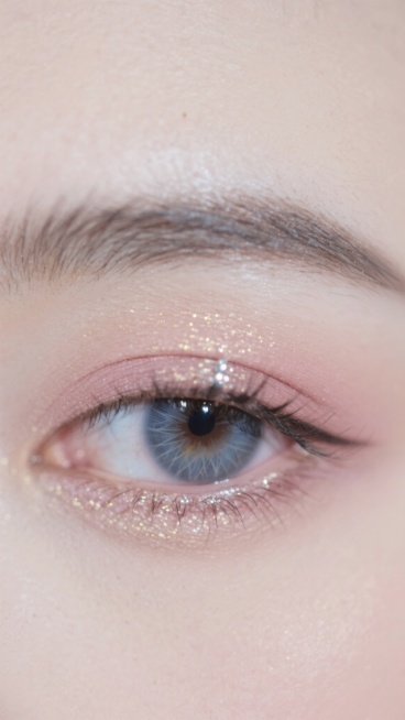 超写实人像摄影特写，聚焦单只眼睛及周围区域，保持原图柔和细腻的皮肤质感，自然散落的细眉，上眼睑淡粉色系眼影，纤长分明的睫毛，以及明亮自然的光线效果。眼睛改为微微上挑的丹凤眼造型，眼神呈现清冷疏离的神态，眼周添加细腻的淡金色闪粉点缀，内眼角处有精致的银色亮片装饰，瞳孔变为深邃的蓝灰色并带有放射状纹理，眼白部分保留自然的通透感和细微的血丝，整体画面保持高清锐利的细节和柔和的浅色调氛围。预览效果