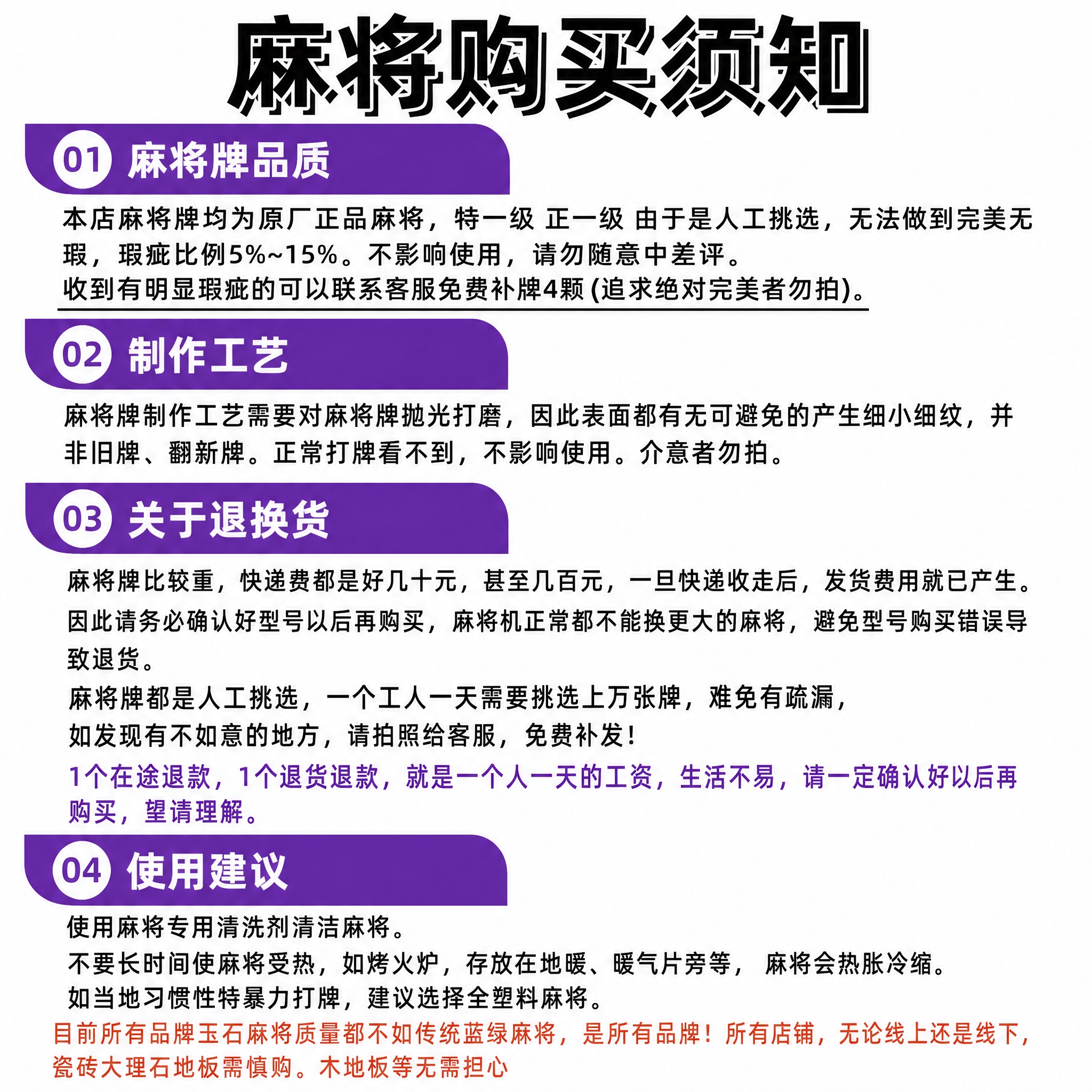 基于这张麻将购买须知图片进行修改：1. 将第01条麻将牌品质的… - 图片创意预览