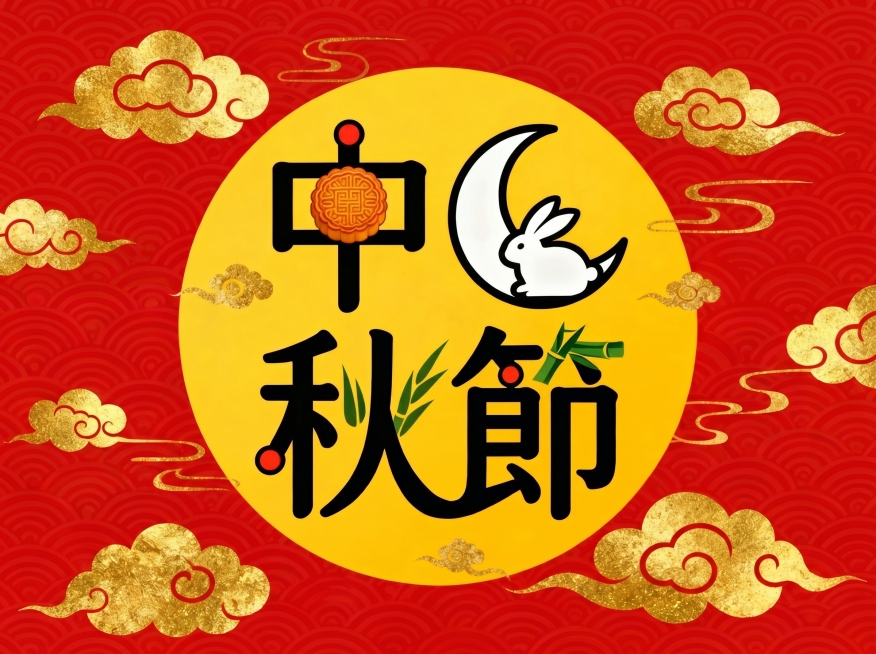 将原图延展为A4横版构图，保留原有中秋佳节颜文字和设计元素，左右两侧添加匹配的红色祥云金纹背景，保持风格统一预览效果