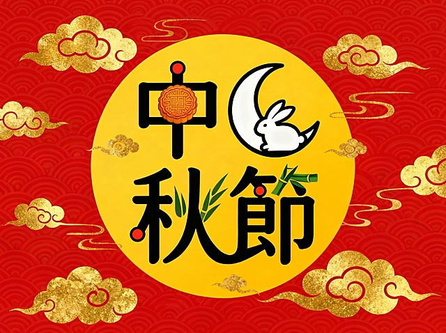 将原图延展为A4横版构图，保留原有中秋佳节颜文字和设计元素，左右两侧添加匹配的红色祥云金纹背景，保持风格统一