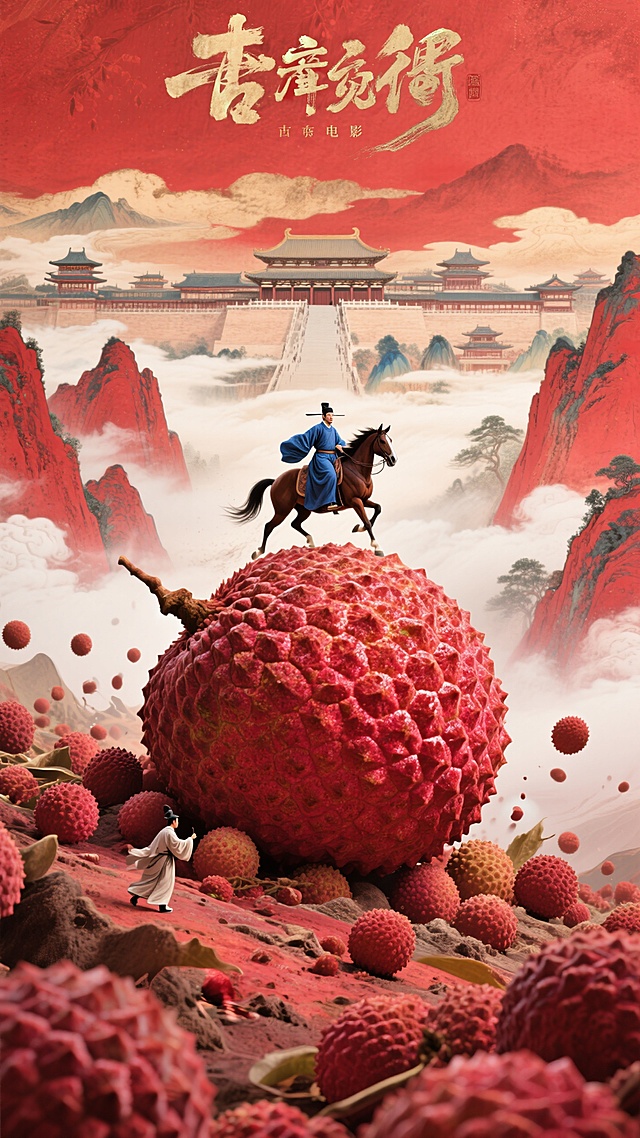 电影海报构图，宋代美学风格，岩彩，融合高级禅意意境与写意设计手法，画面下部被一个巨大的荔枝占满画面，巨大的荔枝与渺小的人物形成强烈的反差对比，红色背景巨大荔枝滚落在赤红山峦，有一个唐朝蓝色朝服官员正在上面策马奔腾，跋涉山路，云雾缭绕的山峰和繁华的古代长安城做背景。