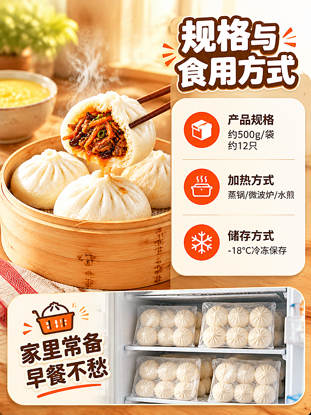 [商品] 使用【图1】鱼香肉丝包子；保留蒸笼和包子整体造型；作为规格页产品展示图，不改变产品外观。
[画面] 目标：规格信息与收尾，产品规格+加热方式+囤货建议。构图：左图右文型，左侧为竹蒸笼包子全貌（带蒸汽），右侧为米白色圆角信息卡区域；底部为囤货场景——冰箱里整齐摆放的多袋包子；画面温馨实用，引导下单。主体占画面45%，信息卡占40%。
[视觉] 套系策略：风格=暖调家常烟火气商业美食摄影；标题字=粗圆体卡通字（带浅棕描边）；正文字=简洁无衬线体；主色=暖棕+米白；背景延展=基于暖棕/米黄做深浅层级、木纹质感、暖光渐变；强调色=橙红色，仅用于小面积图标、引线和标签；标题色=深棕+米白描边；正文色=深暖灰；组件=圆角米白底信息卡、橙红圆形图标、分割线；光影=正面暖柔光，信息卡清晰可读。
[文字] 右上主标题「规格与食用方式」；信息卡内分3栏：①「产品规格」约500g/袋 约12只；②「加热方式」蒸锅/微波炉/水煎；③「储存方式」-18℃冷冻保存；底部收尾语「家里常备 早餐不愁」，配囤货小图标。
[规格] 图片比例3:4竖版，4K分辨率，避免变形、错字、文字过小、冷蓝背景、虚假规格承诺、极限词。