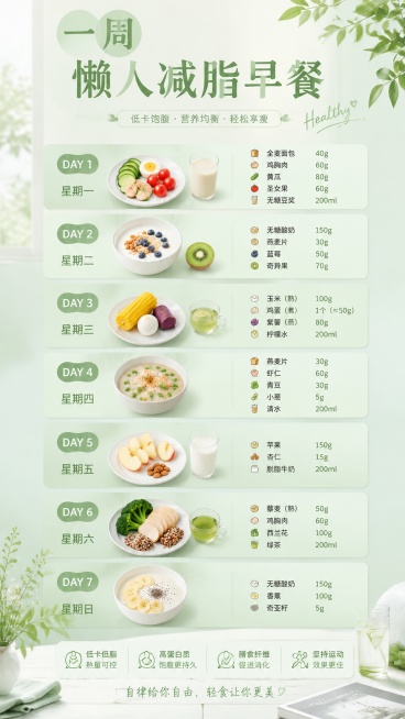 9:16竖版薄荷绿清新减脂海报，整体低饱和度莫兰迪绿色系，标题“一周懒人减脂早餐”，每日食谱采用浅绿色渐变卡片排列，搭配小面积绿植装饰，干净舒缓，低卡饮食健康氛围拉满，完整保留所有食材和重量信息。预览效果