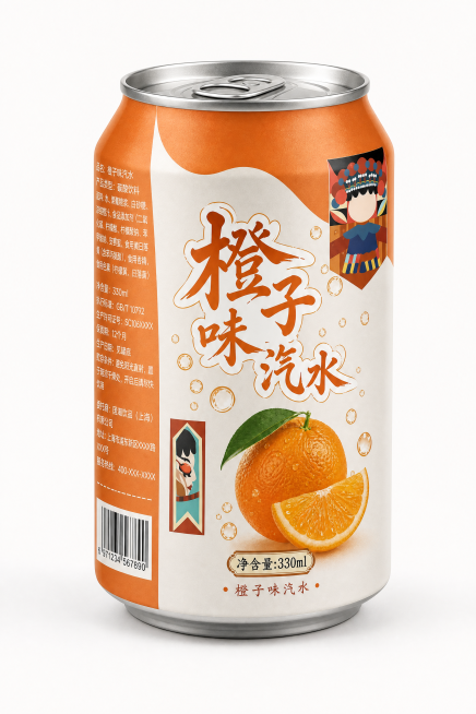 将这张瓶贴设计应用到330ml易拉罐上，生成橙子味汽水的易拉罐立体产品图，保留瓶贴所有文字和图案信息预览效果