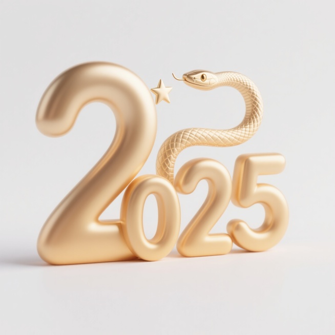 软3D风格的“2025”数字设计，整体采用柔和的渐变金色调，数字边缘圆润无棱角，具有轻微的立体浮雕感，表面光滑细腻，光影过渡自然柔和，没有强烈明暗对比。在数字“2”的尾部上方有一条简约抽象的蛇形轮廓，蛇头微微抬起，蛇身上方有一颗小巧的五角星装饰，整体构图简洁大气，充满现代感和节日氛围，背景为纯白色，突出主体数字和蛇形元素。预览效果
