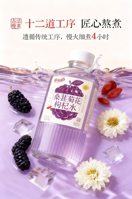 将图片右侧的两朵黄色菊花替换为杭白菊，其他元素和整体构图、文案保持不变，保持整体风格一致，色彩协调预览效果