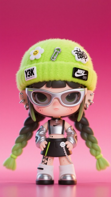 3D风格虚拟潮流角色肖像，女性角色，麻花辫发型，面部有雀斑，眉部有眉钉，表情冷酷，佩戴未来感银色大眼镜，头戴荧光绿毛呢材质帽子，帽子上别着多个徽章，包括笑脸小花徽章、黑白涂鸦徽章、Nike安全别针等嘻预览效果