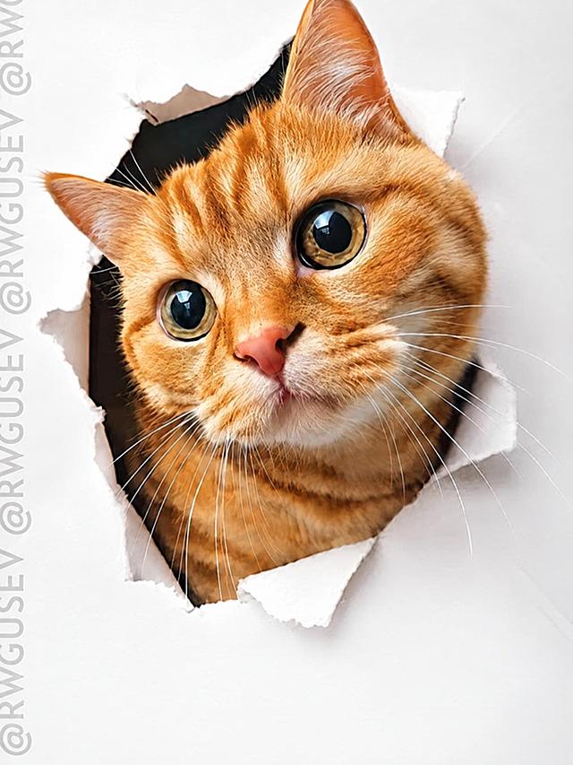 去除图片下方的两行红色文字“为啥我们爱猫 比爱人还深？”以及两侧的小装饰，用周围的白色背景和撕纸边缘自然修补覆盖，保持上方的橘猫撕纸头像、背景、撕纸效果、左侧水印完全不变。