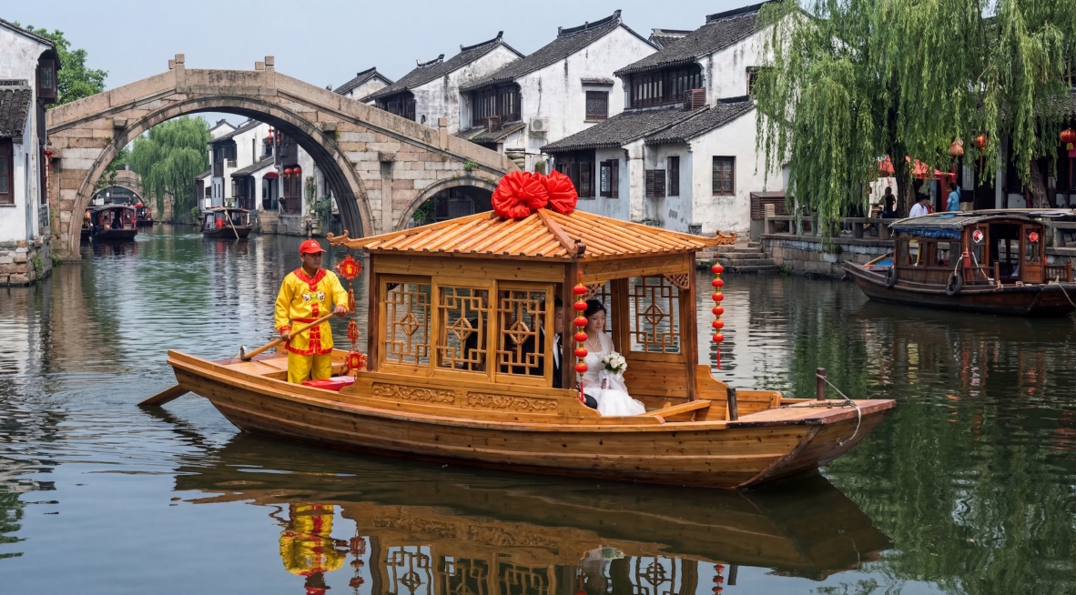 更换为江南水乡古镇背景，更换拍摄角度，生成高清清晰图片，保留原船上的木船、中式亭子、红色装饰和划船人物等所有元素预览效果