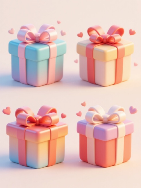 3D立体风格，4个不同配色、不同样式、不同材质的礼物盒造型，采用上下两行对齐排列，浅色背景，每个礼物盒都有精致的立体蝴蝶结，表面带有细腻的渐变色彩和光滑的材质质感，周围点缀着小爱心元素，整体氛围欢快明亮，充满节日促销感，适合双11促销场景，具有清晰的视觉层次和高效的信息传达。预览效果