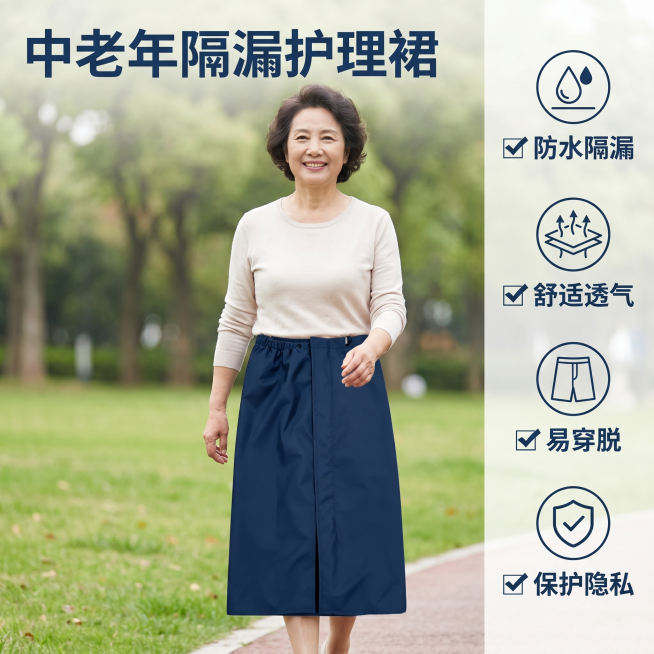 [单张主图] 老年隔漏裙 日常户外风格电商主图，展示老奶奶穿着效果，介绍产品功能。
[画面主体] 一位60多岁面带微笑的亚洲老奶奶在公园散步，自然行走姿态，身穿深蓝色本次的老年隔漏裙，保持隔漏裙的外观预览效果