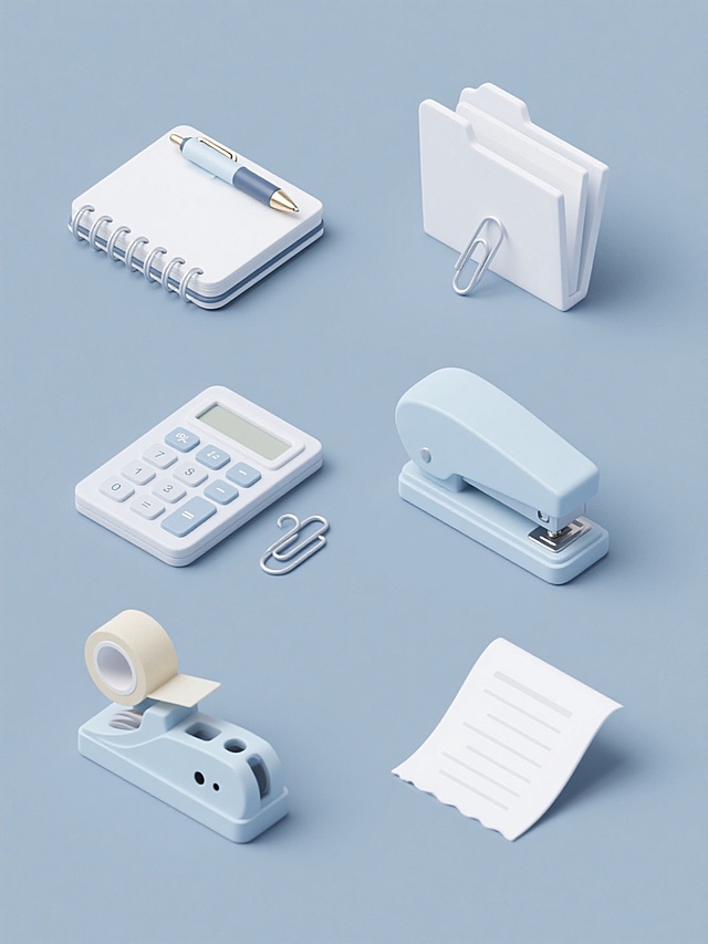 极简主义风格办公用具系列素材集合，6个不同办公元素规整排布在纯色背景上，每个元素采用与原图一致的简约线条勾勒、低饱和度色彩渐变和轻微立体阴影效果，保持相同的等距网格布局和统一的2.5D斜视角，元素包括笔记本与钢笔、文件夹与回形针、计算器与便签纸、订书机与订书钉、胶带座与胶带、打孔器与纸张，整体画面干净整洁，信息层级清晰，色彩整体变换为柔和的蓝灰色调，确保系列感与设计统一性。