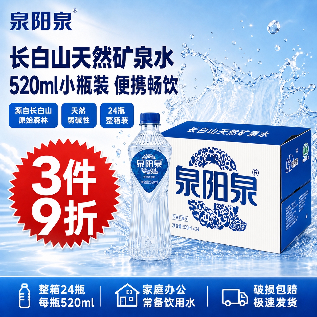 将海报中的2L大瓶装泉阳泉矿泉水整提6瓶，替换为520ml小瓶… - 图片创意预览