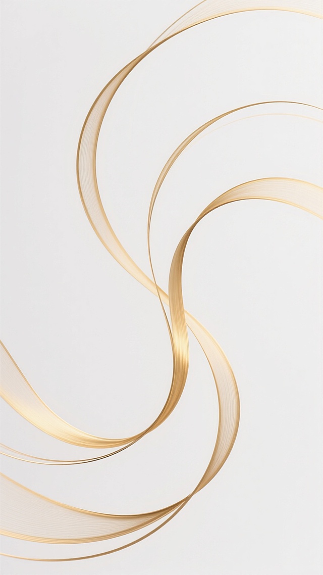 极简抽象线条艺术，以流畅飘逸的金色曲线为主体，多条粗细不一的线条相互交织缠绕，呈现出灵动自然的S形动态轨迹，线条边缘平滑柔和，部分线条带有微妙的渐变光泽，整体构图简洁大方，背景为纯净的白色，营造出优雅轻盈、富有韵律感的视觉效果，无任何文字或具象元素干扰。